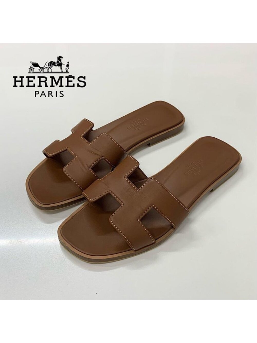 Hermes Oran Leather Sandals Brown